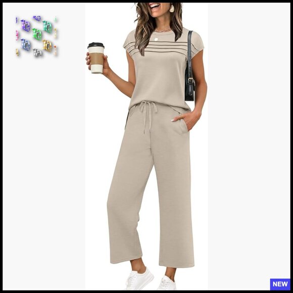 Two Piece Matching Set Cap Sleeve Top Wide Leg Pants Lounge Travel Outfit